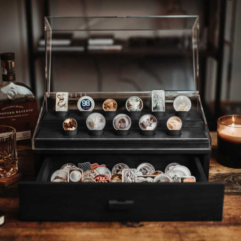 Black Coin Chest Display Case w Storage