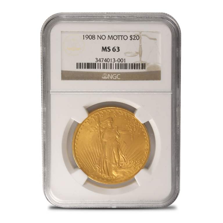 1908 Pre-33 $20 Saint Gaudens Gold Double Eagle Coin "No Motto" NGC MS63