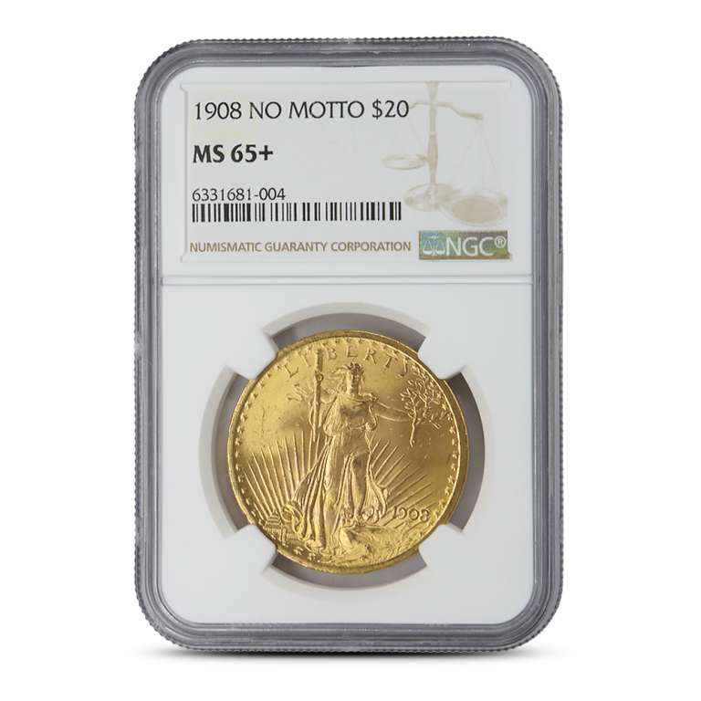 1908 Pre-33 $20 Saint Gaudens Gold Double Eagle Coin "No Motto" NGC MS65+